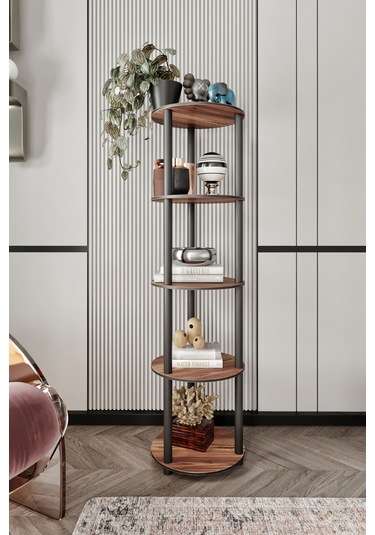 Dekoratif Masivo Kitaplık 5 Katlı 34 Çap Yuvarlak Çok Amaçlı Raf Ceviz