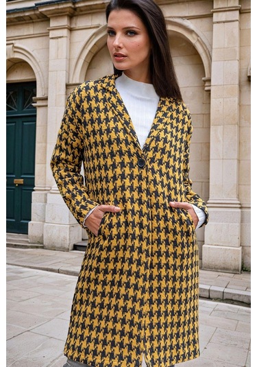 Sarı, Kaz Ayağı Desenli, Cep Detaylı, Uzun Kaban Sarı