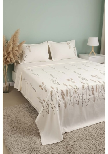 Ekru Willow Breeze Desen Çift Kişilik Nakışlı Yatak Örtüsü Seti