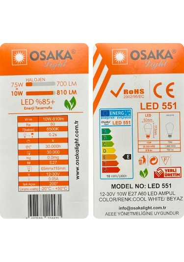 1 Adet Osaka 12volt 10w 75w Beyaz Işık 6500k E27 Duylu Kalın Duy Led Ampul