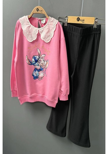 Yaka Detaylı Stitch Desenli Pembe Renk Kız Çocuk Takım Pembe