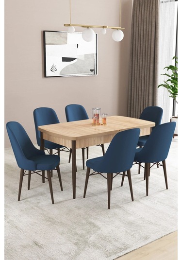 Sar Pakete Almira Serisi, Meşe Desen 80x132 Açılabilir Mdf Mutfak Masası Takımı 6 Adet Sandalye Lacivert