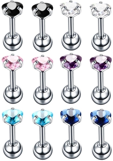 Suntek 12 Parça Paslanmaz Çelik Zirkon Helix Dudak Tragus Çok Renkli