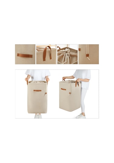 Ocean Home Textile Ağzı Büzgülü Bej Renk Çamaşır Sepeti 36 x 36 x 57 cm