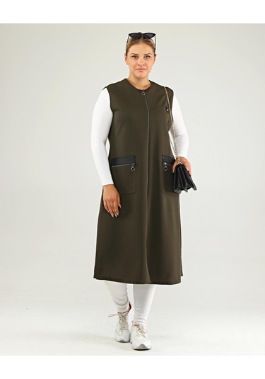Kadın Deri Cepli Buyuk Beden Uzun Yelek 001
