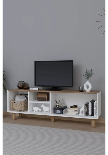 Bohem Serisi Garden Meşe - Beyaz Pvc Hasır Desen Tv Ünitesi Açık Ceviz & Beyaz