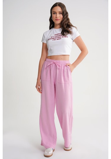 4629 Kadın Bol Paça Yüksek Bel Viskon Palazzo Pantolon Pembe Pembe