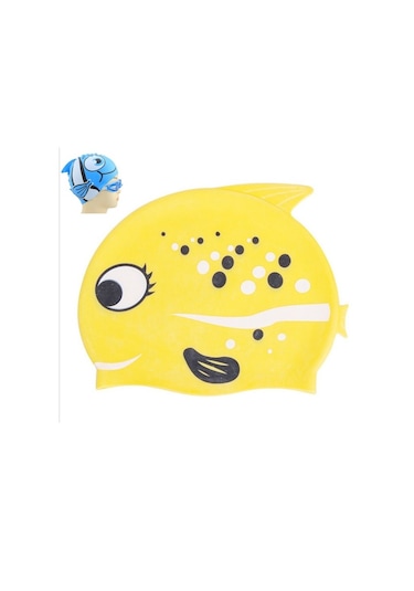 Kulak Koruma Küçük Balık Desenli Dalış Şapkası Çocuk Silikon Yüzme Şapkası B Sarı