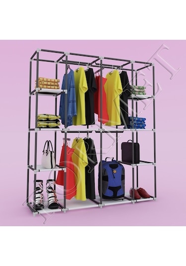 Sepet38 Teknor Metal Profil Çift Raf Çift Askılık Lüks Bez Dolap - Gri