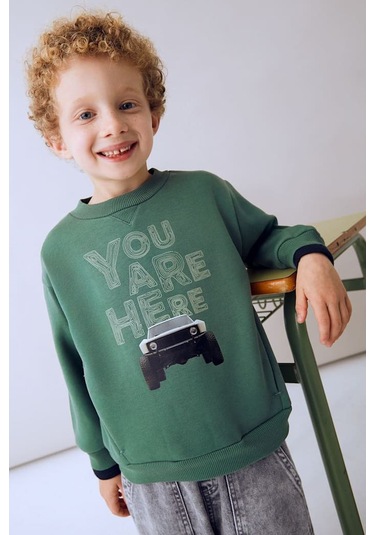 Erkek Çocuk Araç Baskılı Cepli Sweatshirt - Yeşil Mavi
