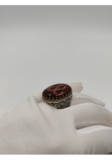 3 Hilal Kırmızı Taşlı Erkek Yüzüğü 24 Mm 925 Ayar Gümüş Yüzük