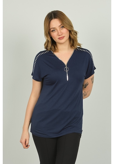 Ella Camelia Kadın Fermuarlı Kısa Kol Bluz 20e038 Lacivert