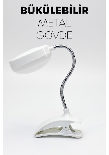 Kitap Okuma Lambası Kıskaçlı Bükülebilir 5 Led Midi Çalışma Işığı Pilli Spiral Gövde My005 Beyaz