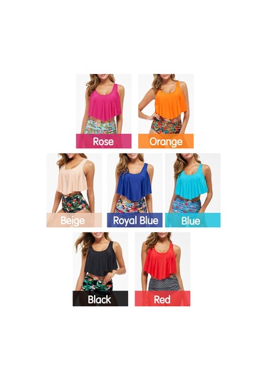 Mufunye Bayan İki Parça Mayo - Mor Kırmızı Desenli, Yüksek Bel, Düzgünsüz Yaprak Kenar, Ayarlanabilir Omuz Kordonu S, Asya Beden Gül