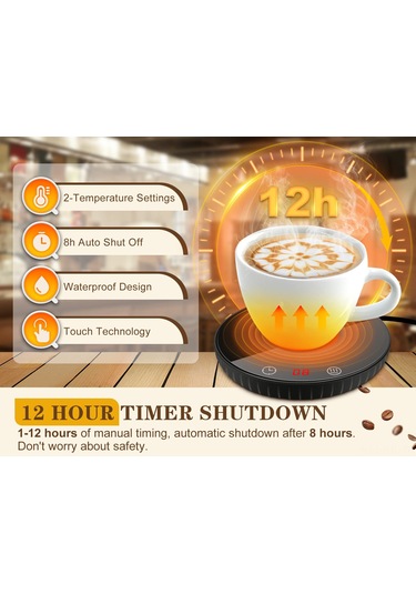 Gajeena 110v Amerikan Standartlı Sıcaklık Regülasyonlu Bardak Isıtıcı - 2 Sıcaklık Seçeneği, 12 Saatli Zamanlayıcı, Su Geçirmez Cam Paneli Siyah
