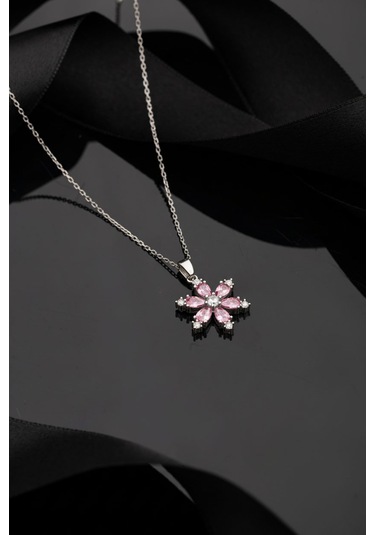925 Ayar Pembe Kuvars Taşlı Rodyum Lotus Çiçeği Gümüş Kolye Rn10304 Gümüş