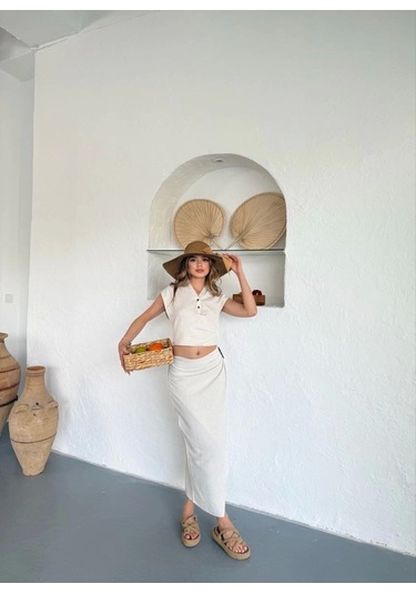 Uzun Etekli Bluz Takım Keten Krem S255852 Krem