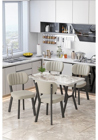 Parla 70x110cm Efes Mutfak Masası, Mutfak Masası Takımı, Yemek Masası, 4 Krem Sandalye Krem