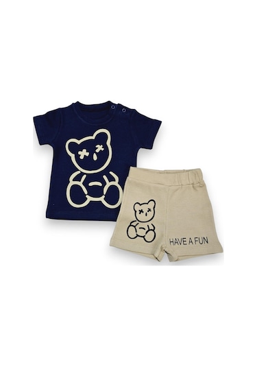 Ayıcık Desenli Erkek Bebek Şortlu Takım Lacivert