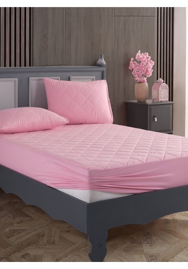 %100 Pamuk Kapitoneli Sıvı Geçirmez Renkli Yatak Alezi Yatak Koruyucu Alez Çarşaf Pembe