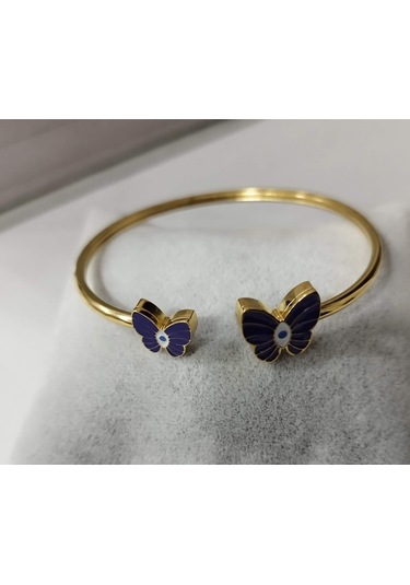 Çelik Mor Kelebek Detaylı Altın Renkli Kararmaz Kadın Bilezik Bileklik Çelik
