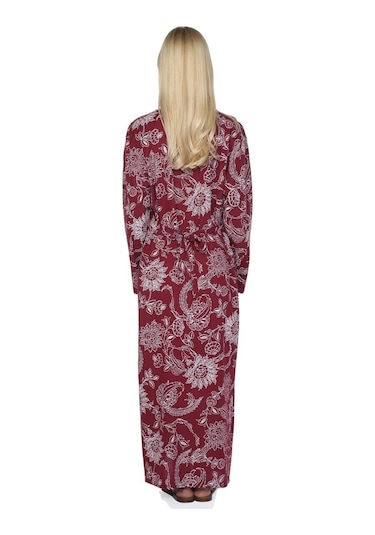Uzun Kol Şile Bezi Baskılı Uzun Elbise Çınar Desen Bordo