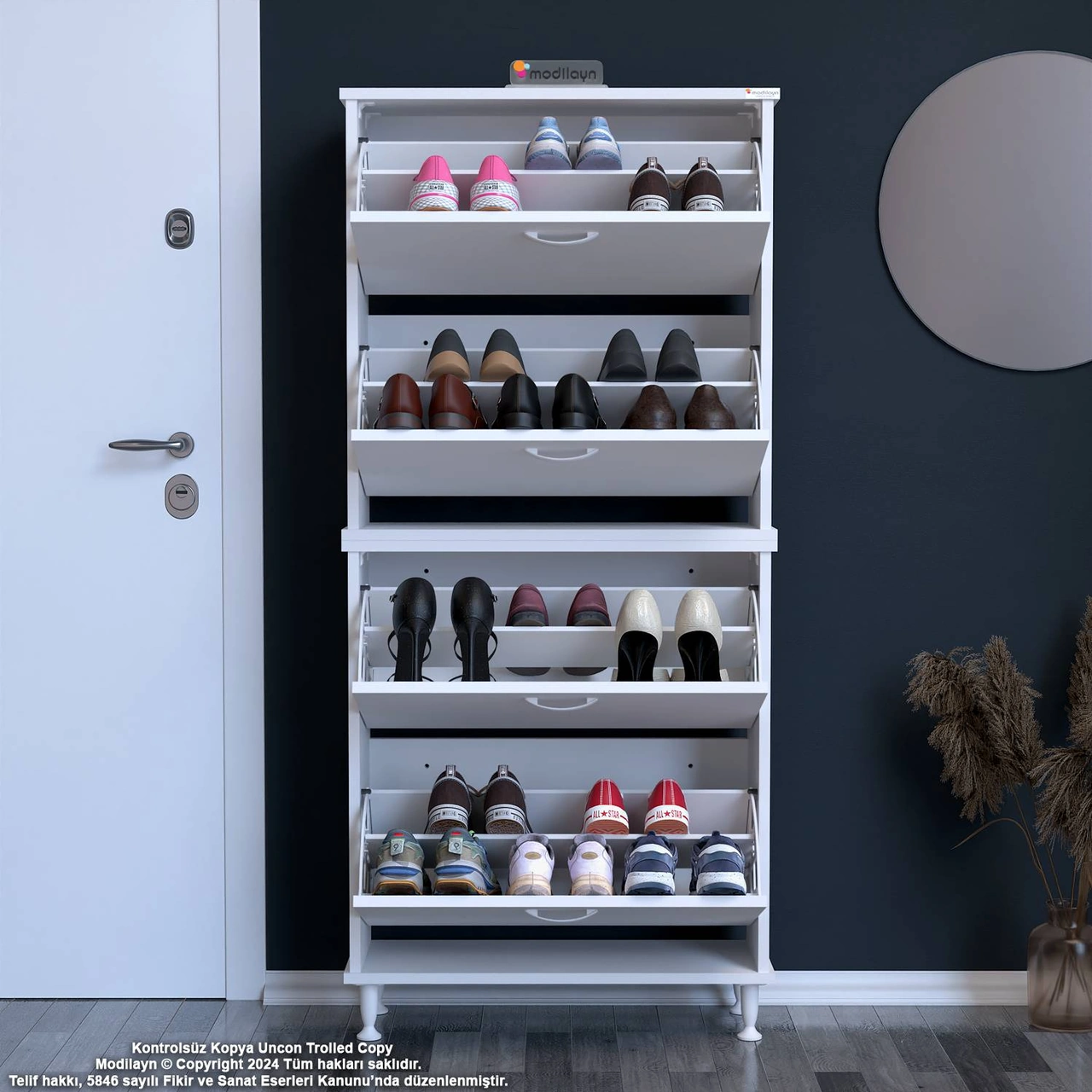 Asaf 2 Li Antre Beyaz Ayakkabılık 4 Düşer Kapak 8 Göz Bölmeli Ayakkabılık 72x160x25,5 Cm Beyaz