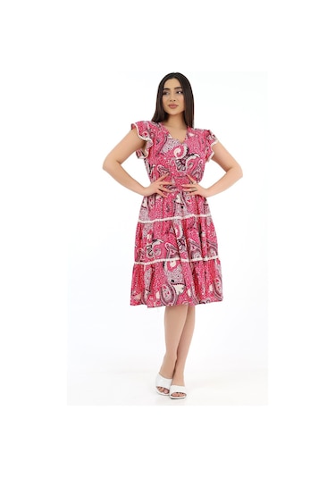 Kadın Viskon Yarım Kol V Yaka Gipeli Elbise Kırmızı Kırmızı