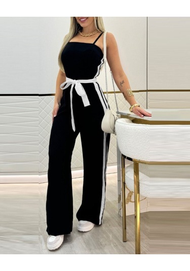 Ahes Shopping Kadın Ip Askılı Straplez Belden Kuşaklı Viskon Iki Iplik Tulum Siyah