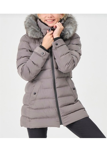 Kadın Vizon Kürklü Çıkarılabilir Kapüşonlu Su Geçirmez Uzun Şişme