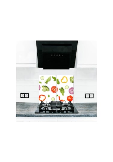 2' li 30x52 cm Beyaz Sebzeler Desenli Kesim Tablası ve Ocak Koruy