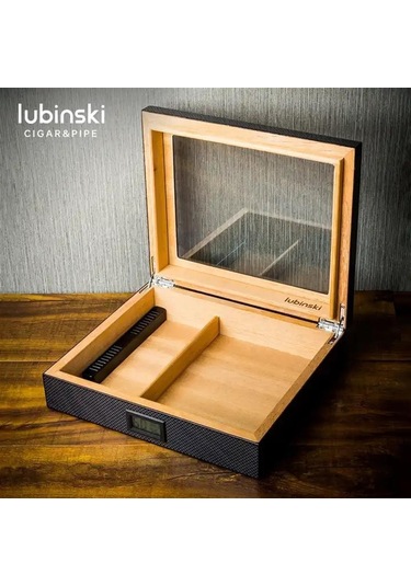 Lubinski Cedar Basic Camlı Puro Kutusu Humidor Slim Dijital Karbon 15s