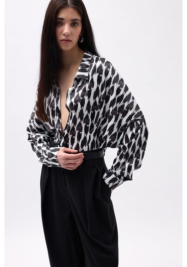 Desenli Crop Gömlek Siyah