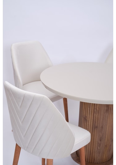 Bohem Ihlamur Yuvarlak Lak Panel Mutfak Masa Takımı 100cm Krem