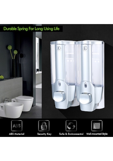 Yifomall Duvar Tipi İki Kollü Kilitli Sabun Dağıtıcı - 380ml X2 Gümüş Mat Abs - Mutfak/banyo İçin Boşaltma Kontrolü Gümüş