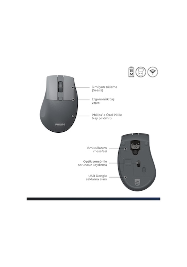 Philips SPK7528 Kablosuz Bluetooth 1600DPI 5 Tuşlu Sessiz Optik Mouse