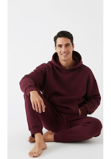 Erkek Bordo Oversize Hoodie Sweatshirt Bordo