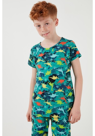Lela Desenli % 100 Pamuk Bisiklet Yaka Erkek Çocuk Pijama Takımı 6651003 Yeşil