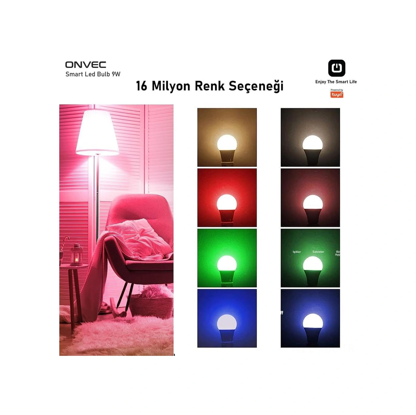 Konesam Onvec 2gen Tuya 9w Akıllı Ampul, Wifi+bluetooth Desteğiyle Rgb Renk Ve Parlaklık Ayarlamalı, 806 Lumens, 200-240v, 20.000 Saat Ömür 1 Adet Beyaz