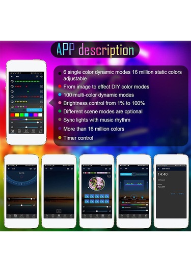 Springsun 5v Rgb Led Işık Şeridi 5050 Tipi 12 Lamba/metre, Bluetooth Uygulama Ve 24 Tuşlu Ir Kumanda İle Kontrol Edilebilir, 20 Metre Diğer