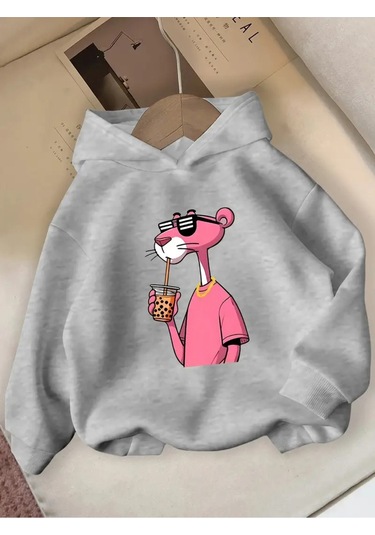 Kışlık Kapüşonlu Sweatshirt, Çocuk Pembe Panter Baskılı Gri