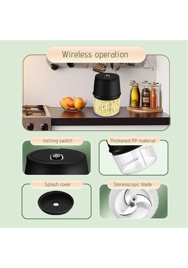 Elektrikli Sarımsak Doğrayıcı, Şarj Edilebilir, Taşınabilir Kablosuz Gıda Doğrayıcı Siyah