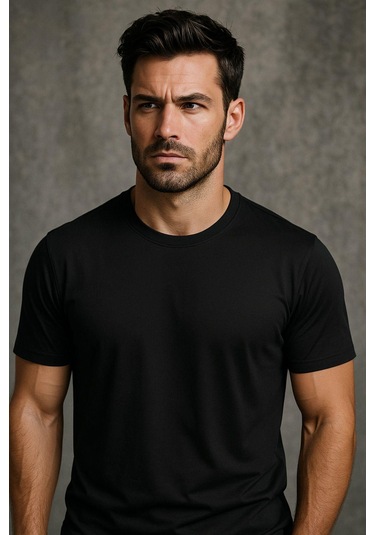 Erkek %100 Pamuk Slim Fit Sporcu Tişört Basic Bisiklet Yaka Kısa Kollu T-shirt SIYAH