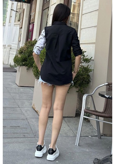 Kadın Siyah Desenli İki Renkli Uzun Kol Regular Kesim Standart Boy Gömlek Siyah