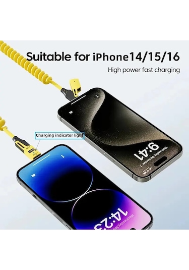 4 İn 1 65w Bahar Kısa Veri Kablosu 6a Usb Tip C Bahar Teleskopik Hızlı Şarj Yellow 1.5m
