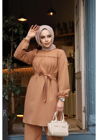 Fırfır Detaylı Tesettür Camel Takım Camel