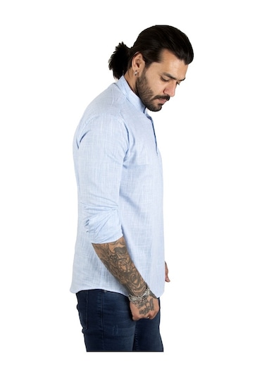 Deepsea Erkek Mavi Yarım Düğme Gömlek 2201914 Mavi