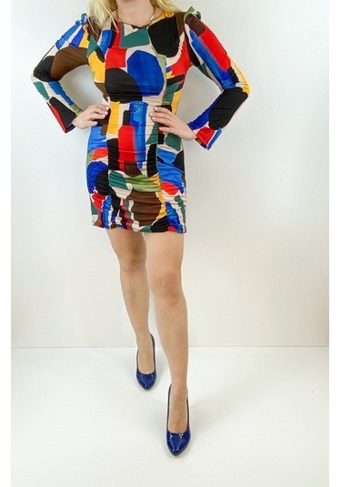 Modaonna Kadın Geometrik Desen Renkli Tasarım Elbise