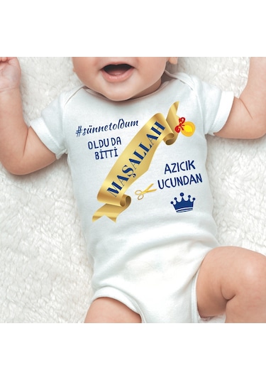 Özel Baskılı Sünnet Oldum Yazılı Organik Pamuk Çıtçıtlı Bebek Body Sünnet Zıbını Beyaz