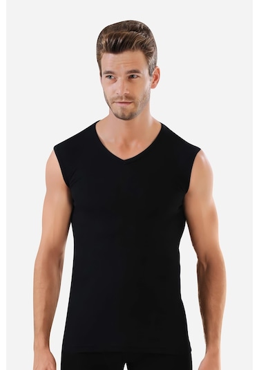 3 Adet Siyah Kolsuz Erkek Atlet V Yaka Sıfır Kol Tişört %100 Pamuklu Siyah